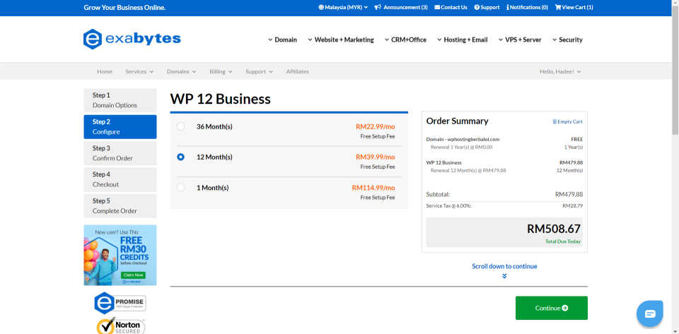 Exabytes WordPress Hosting WP12 Business Pricing