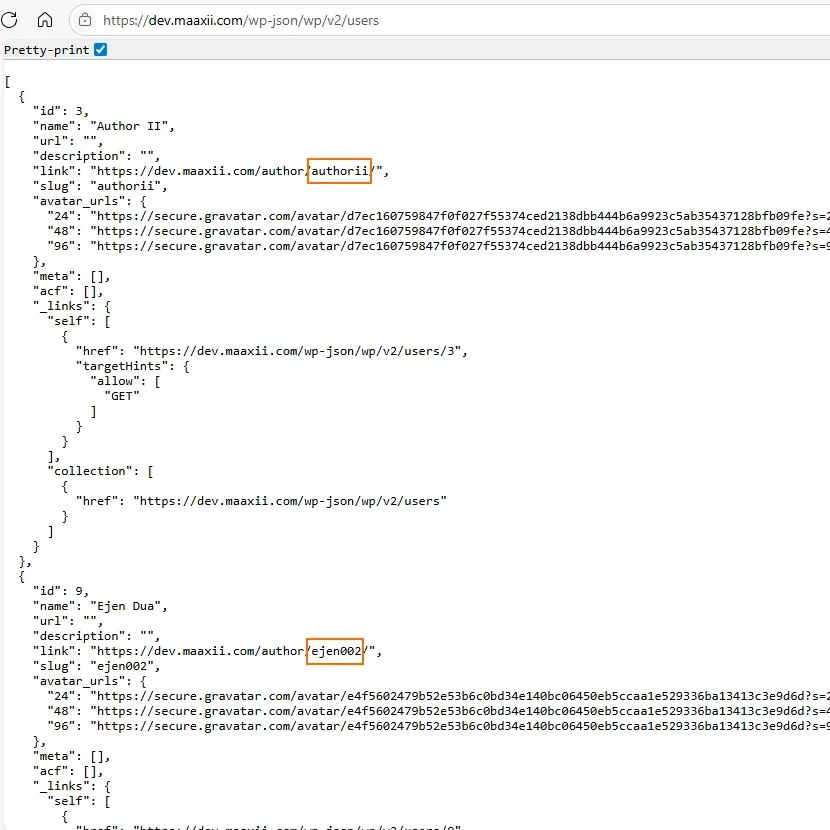wp-rest-api memaparkan username pengguna WordPress dengan jelas